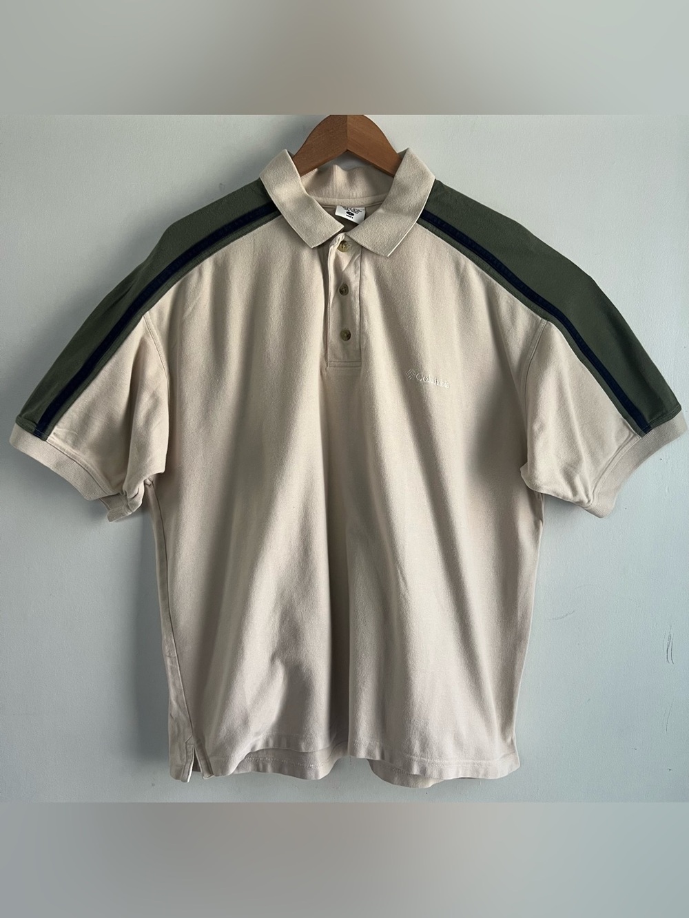 Columbia Men’s XL Polo Shirt Beige Green Colorblock Short Sleeve 100% Cotton